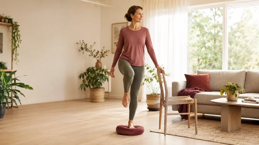 Frau macht zu Hause auf einem Balancekissen Gleichgewichtsübungen, um bei Charcot-Marie-Tooth beweglich zu bleiben