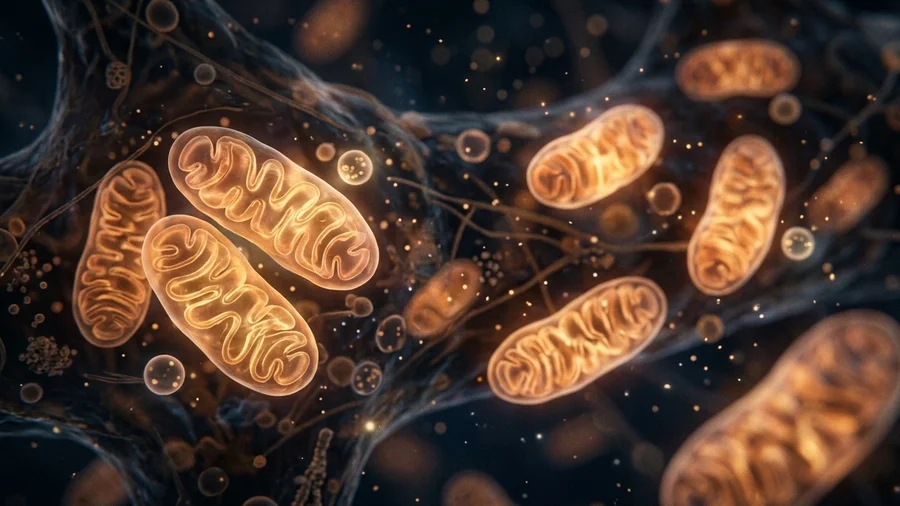 Künstlerische Darstellung von Mitochondrien innerhalb einer Nervenzelle, leuchtend in warmen Orange- und Goldtönen vor dunklem Hintergrund.